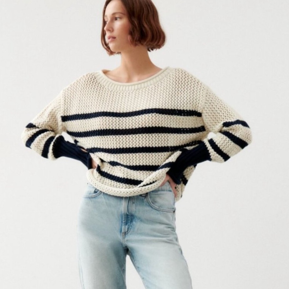 BOGO! Zara Crochet Knit Striped Nautical Pullover Sweater Cream Size XS